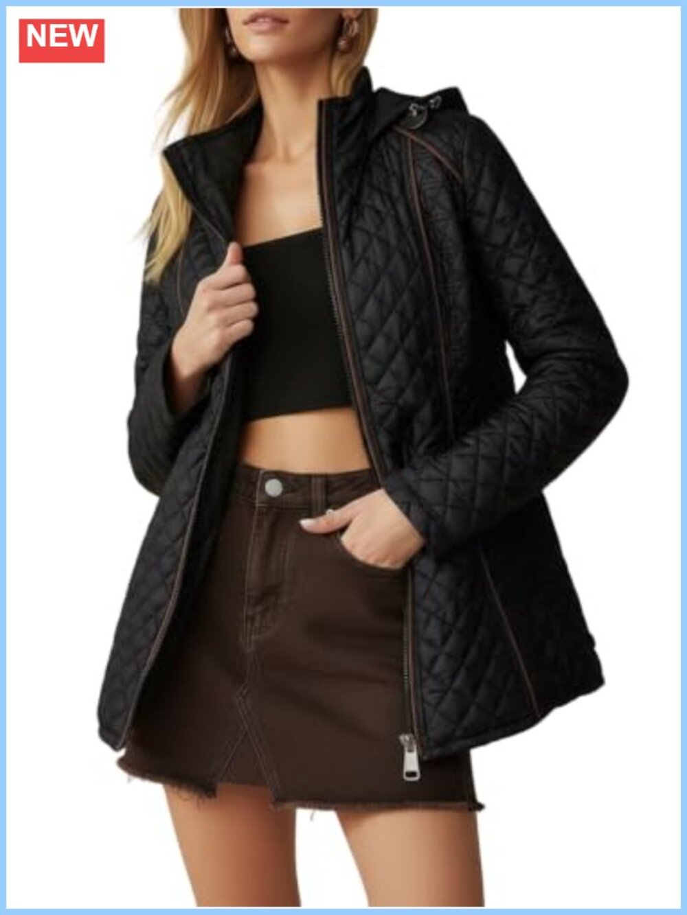 Lightweight Diamond Quilted Puffer Jacket with Faux Fur Hood